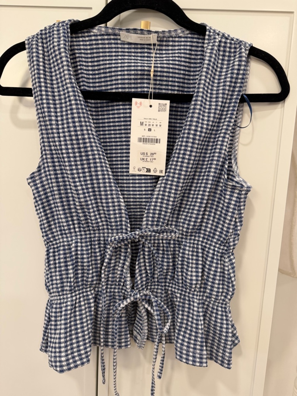 Zara Blue Gingham Tie-Front Sleeveless Top-NWT Size M